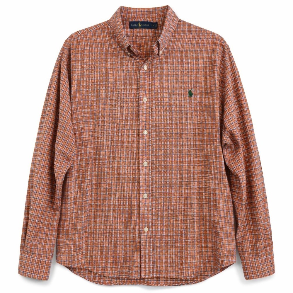 Ralph Lauren Mens XXL Orange Blue Plaid Button Down Shirt Long‎ Sleeve Pony Logo
